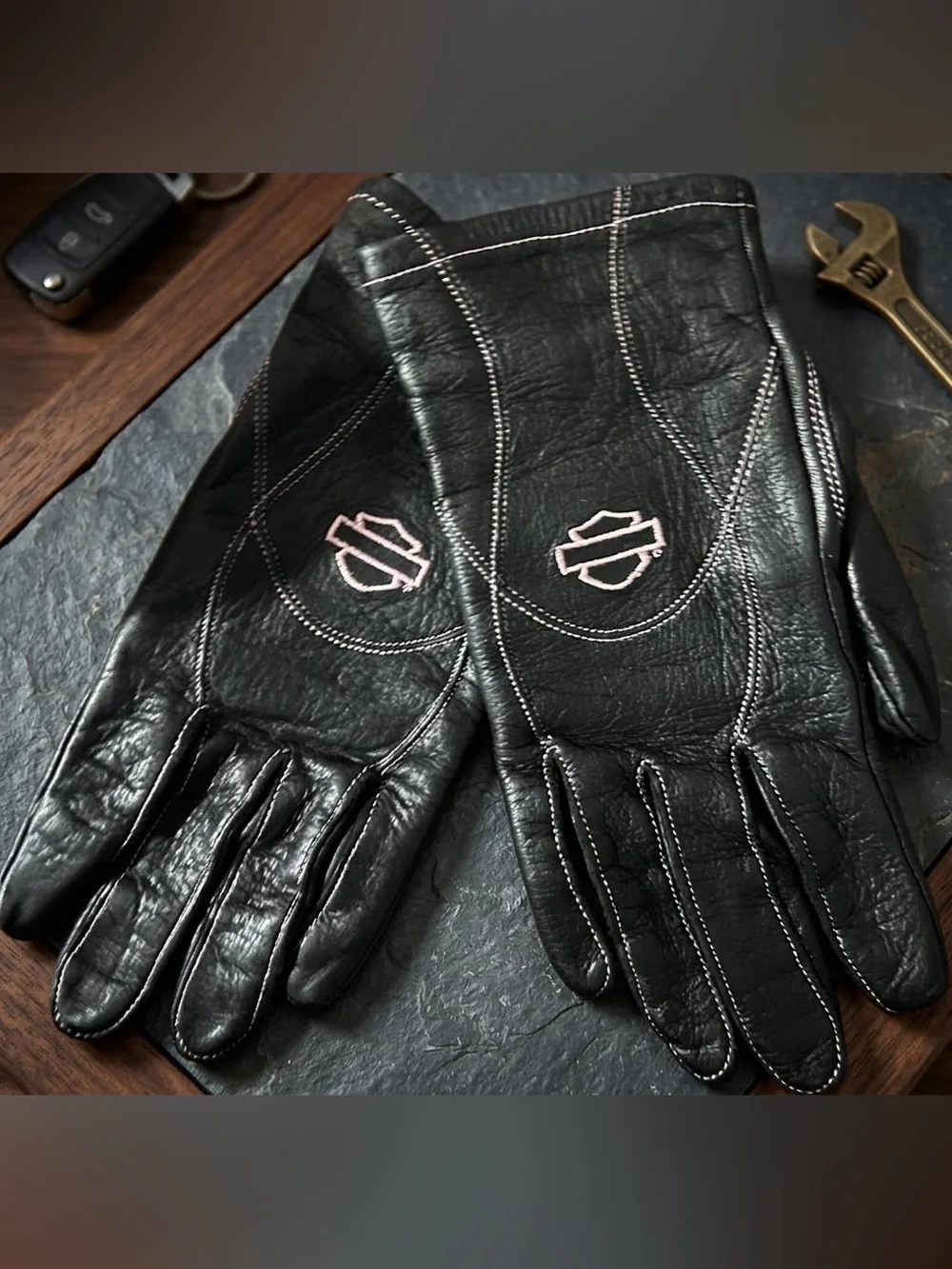 🌸 Harley Davidson Pink Stitch Leather Motorcycle Gloves 🏍️